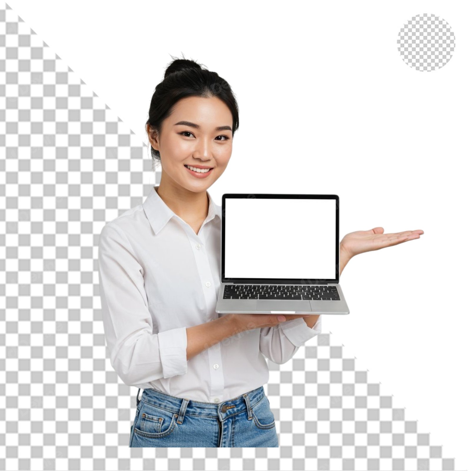 Smiling Asian Woman Presenting Laptop Screen With Blank Display Transparent PNG