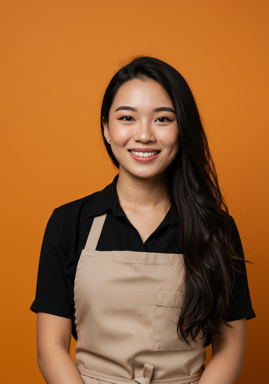 Smiling Asian Woman In Apron Standing Confidently Against Orange Background
