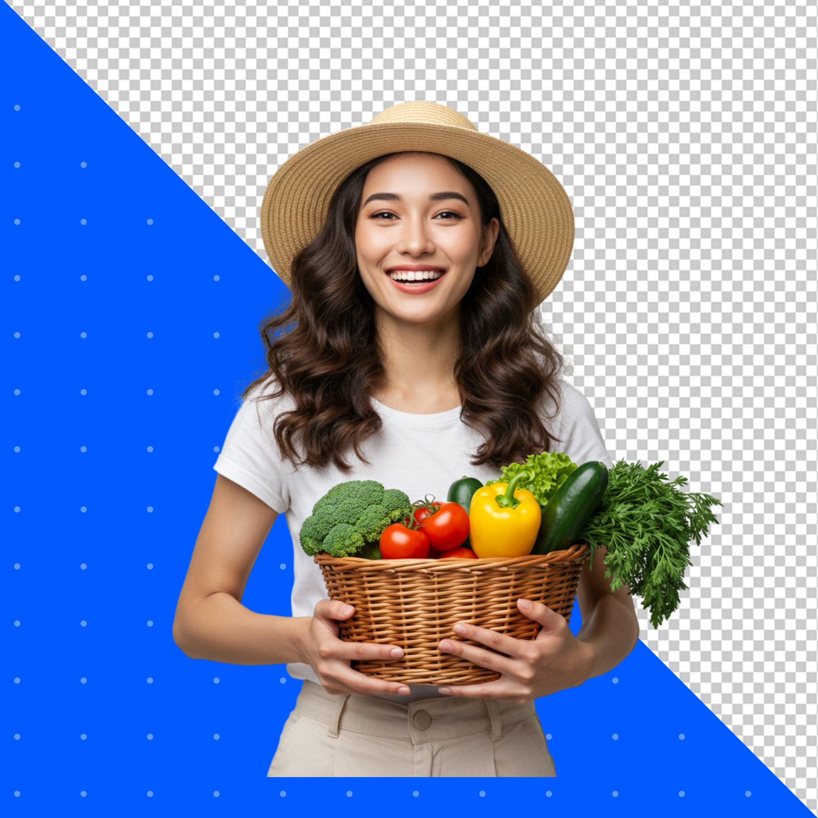 Smiling Asian Woman With Fresh Vegetables Basket Transparent Background