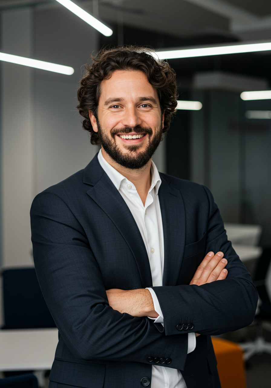 Smiling Confident Young Businessman Posing In Modern Office
