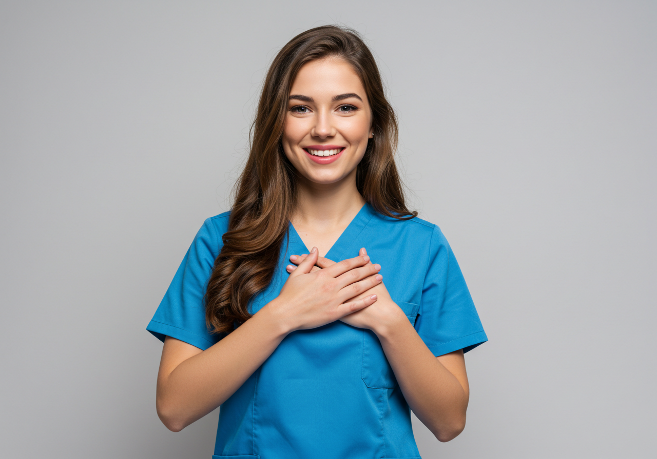 Smiling Female Healthcare Professional In Blue Scrubs With Grateful Gesture