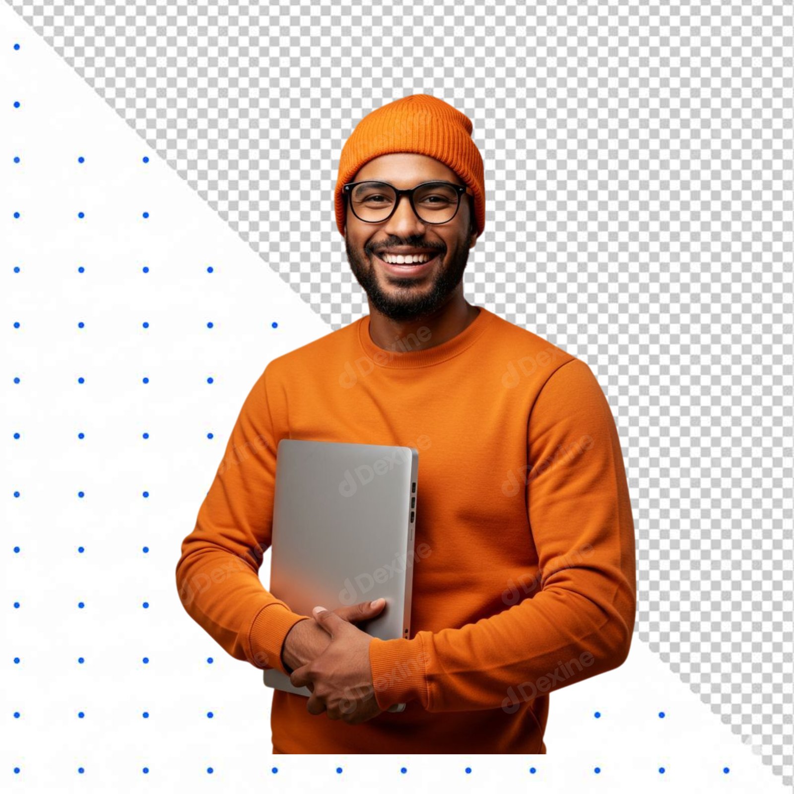 Smiling Man In Orange Beanie Holding Laptop Cutout PNG