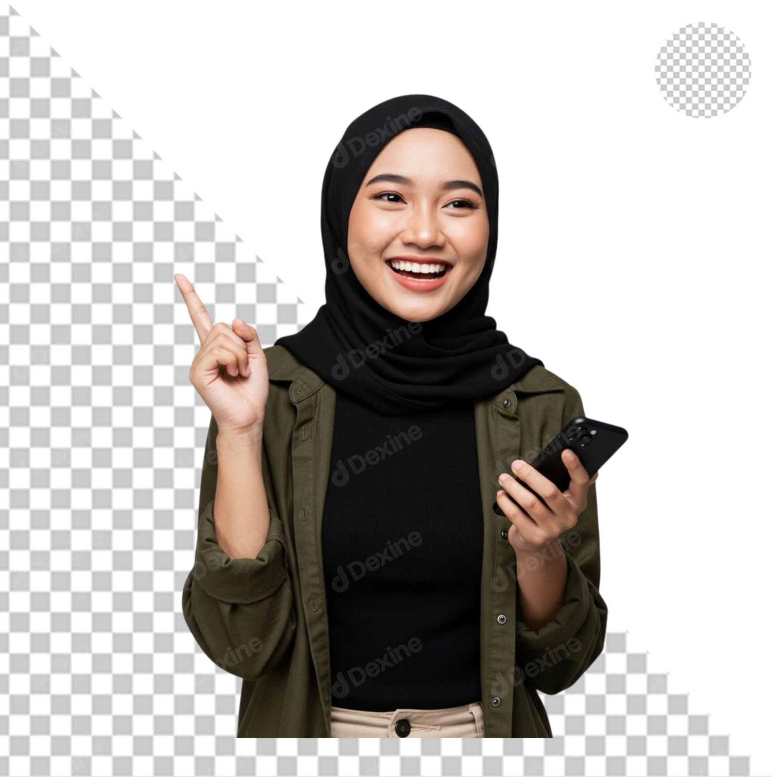 Smiling Muslim Woman Pointing Up And Holding Phone Transparent Cutout