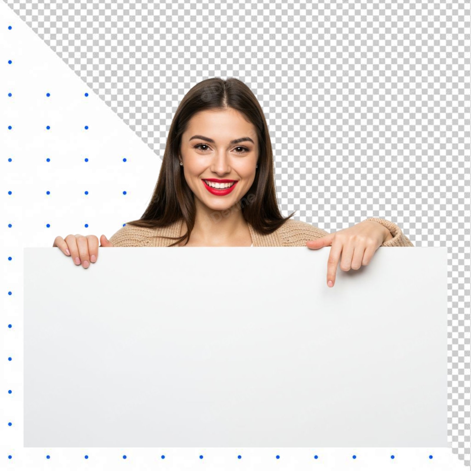 Smiling Woman Pointing Down At Blank White Sign Transparent PNG