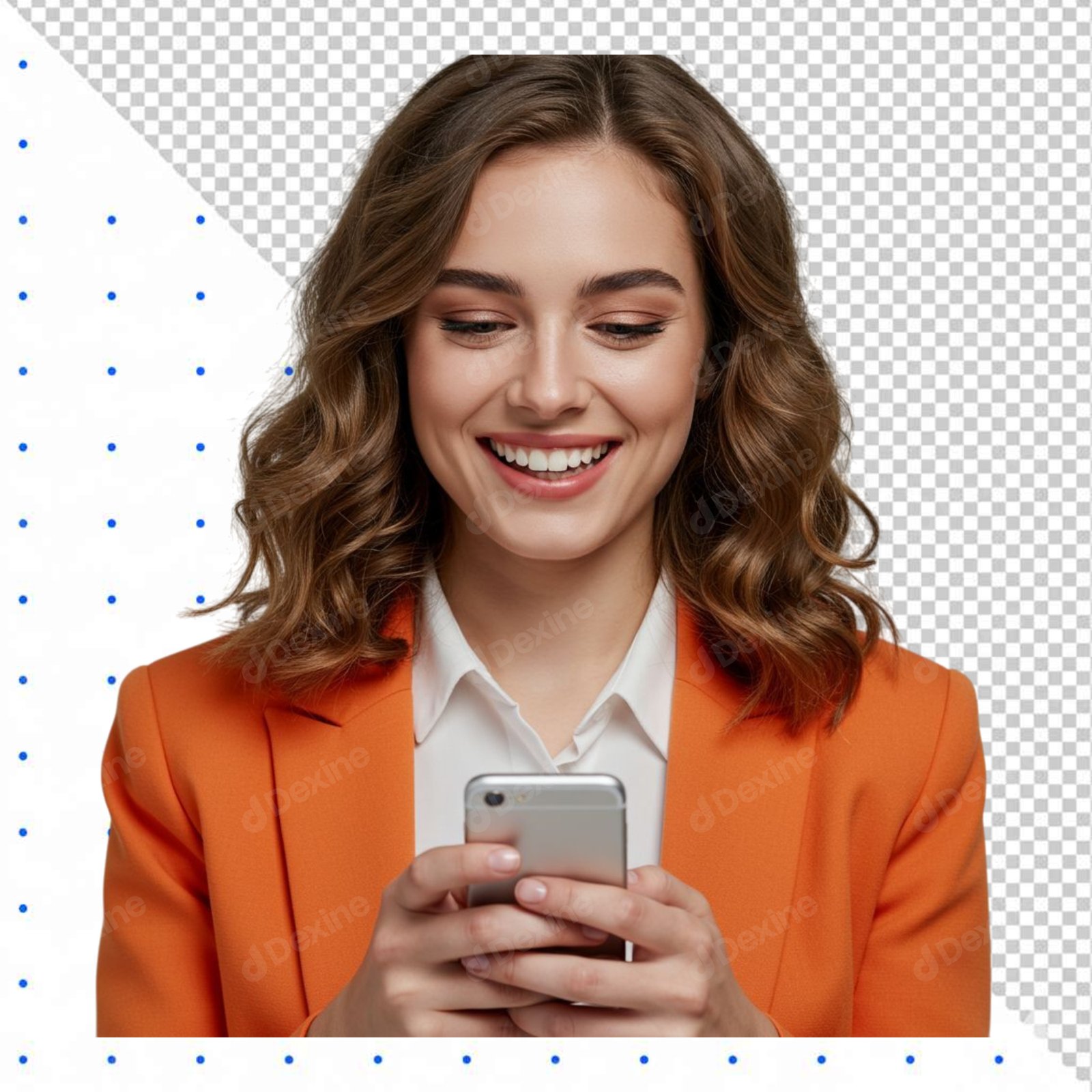 Smiling Woman Using Smartphone Isolated On Transparent Background