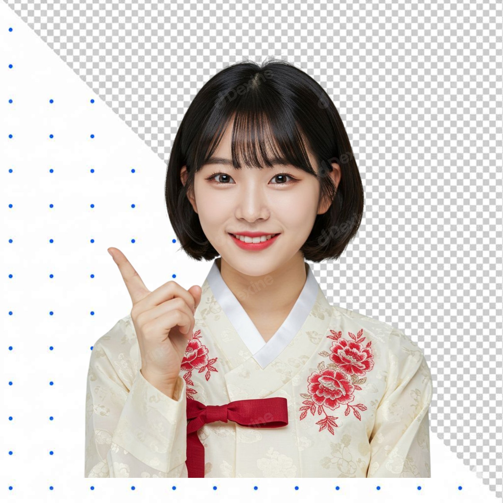 Smiling Young Korean Woman In Hanbok Pointing Isolated On Transparent Background
