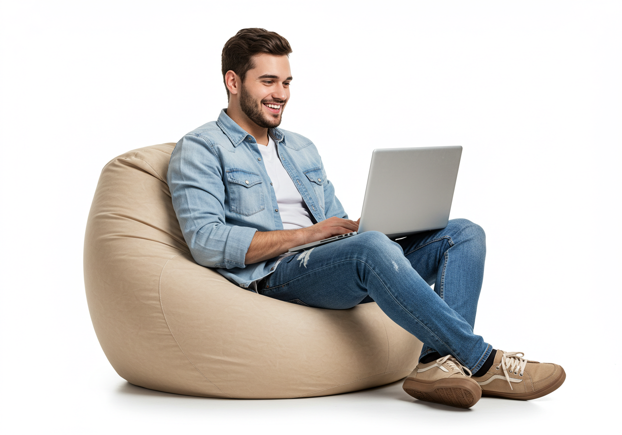 Smiling Young Man Casually Working On Laptop On Bean Bag