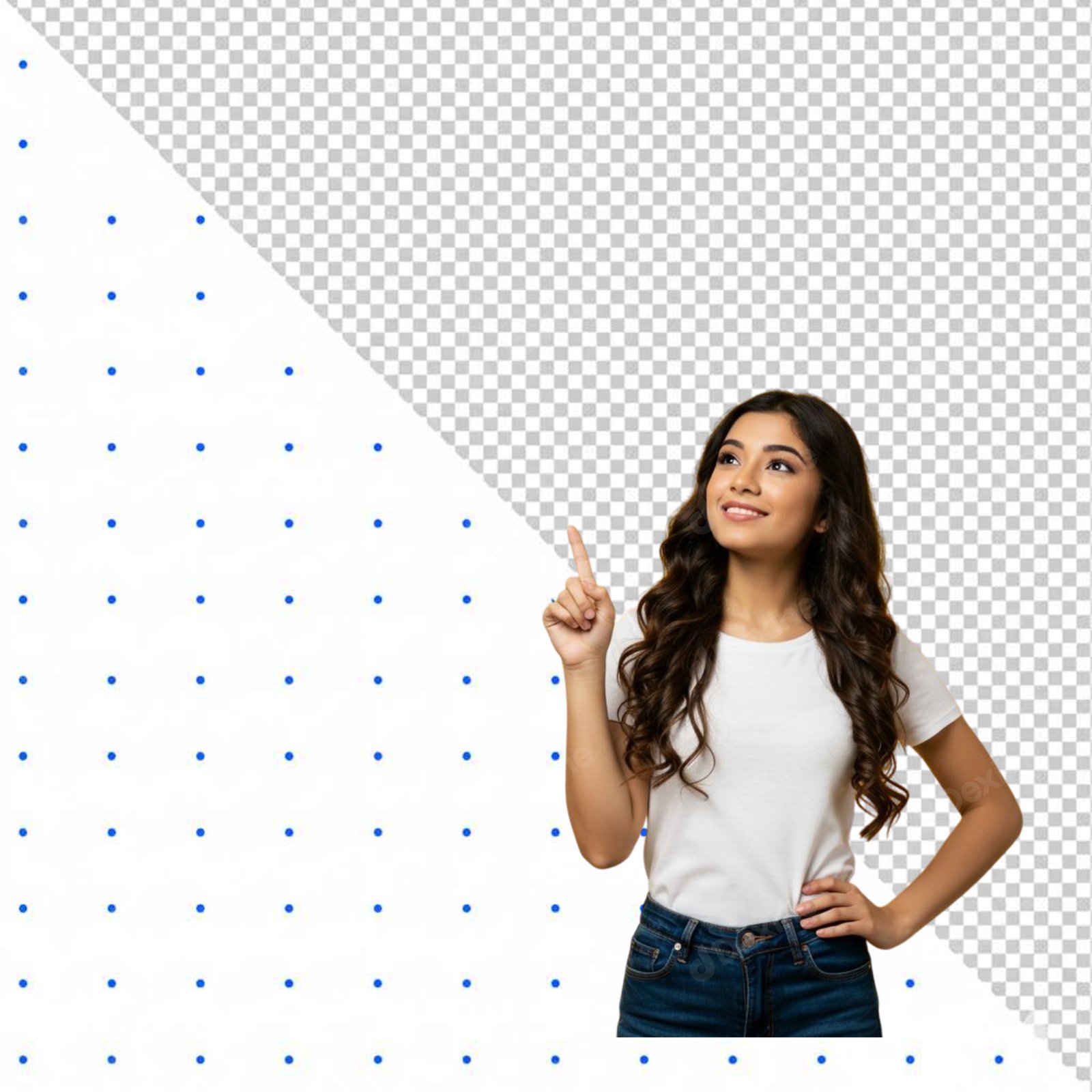 Smiling Young Woman Pointing Upward Transparent PNG Cutout