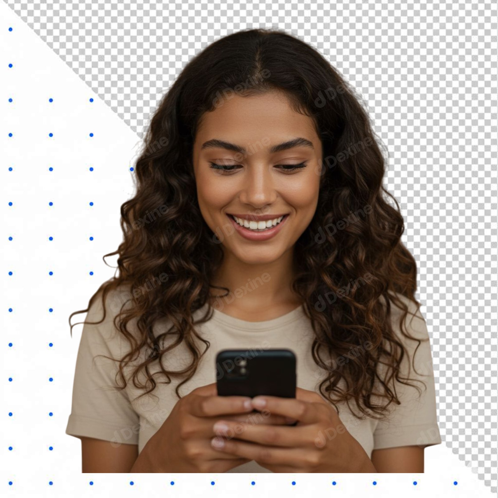 Smiling Young Woman Using Smartphone Transparent PNG Cutout 358925
