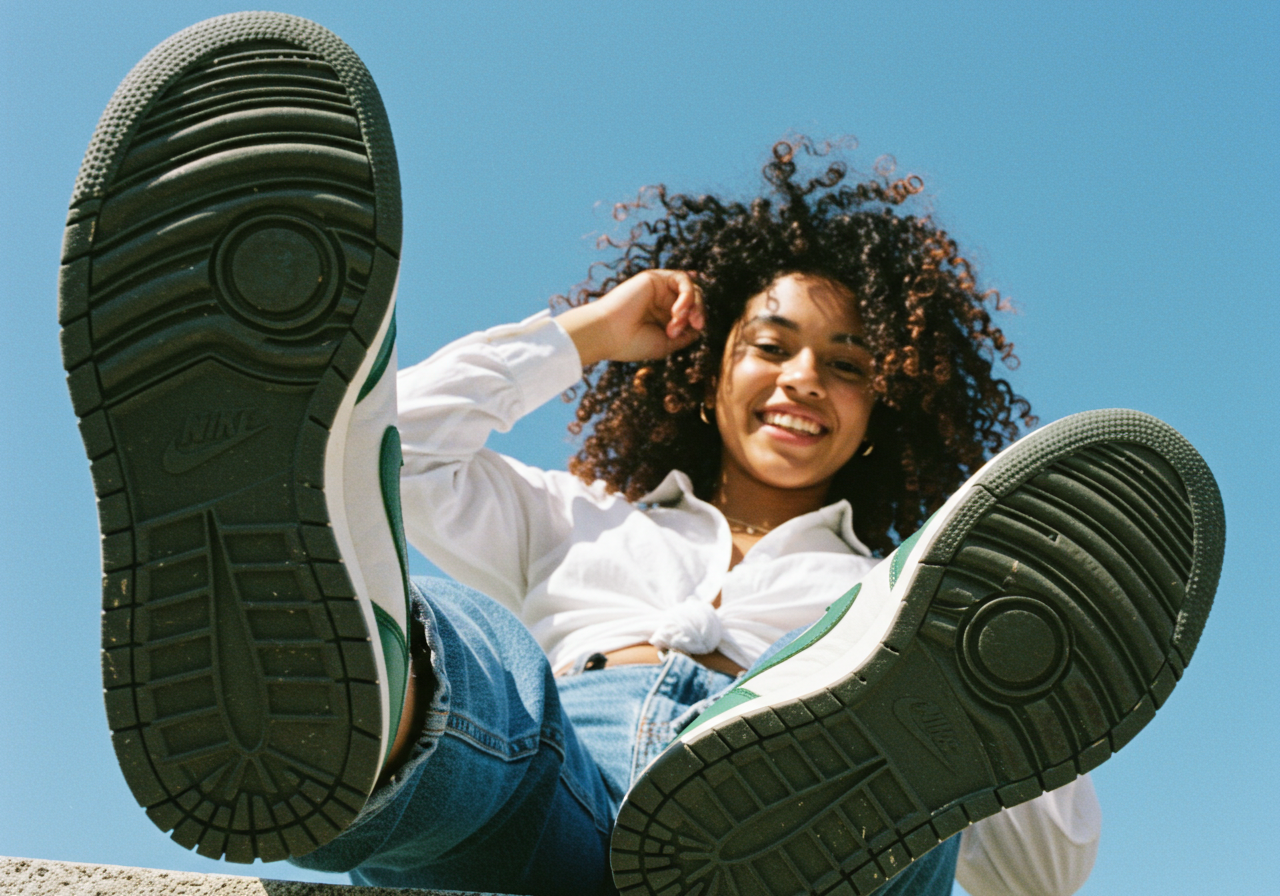 Smiling Young Womans Street Style With Trendy Sneakers On Blue Sky