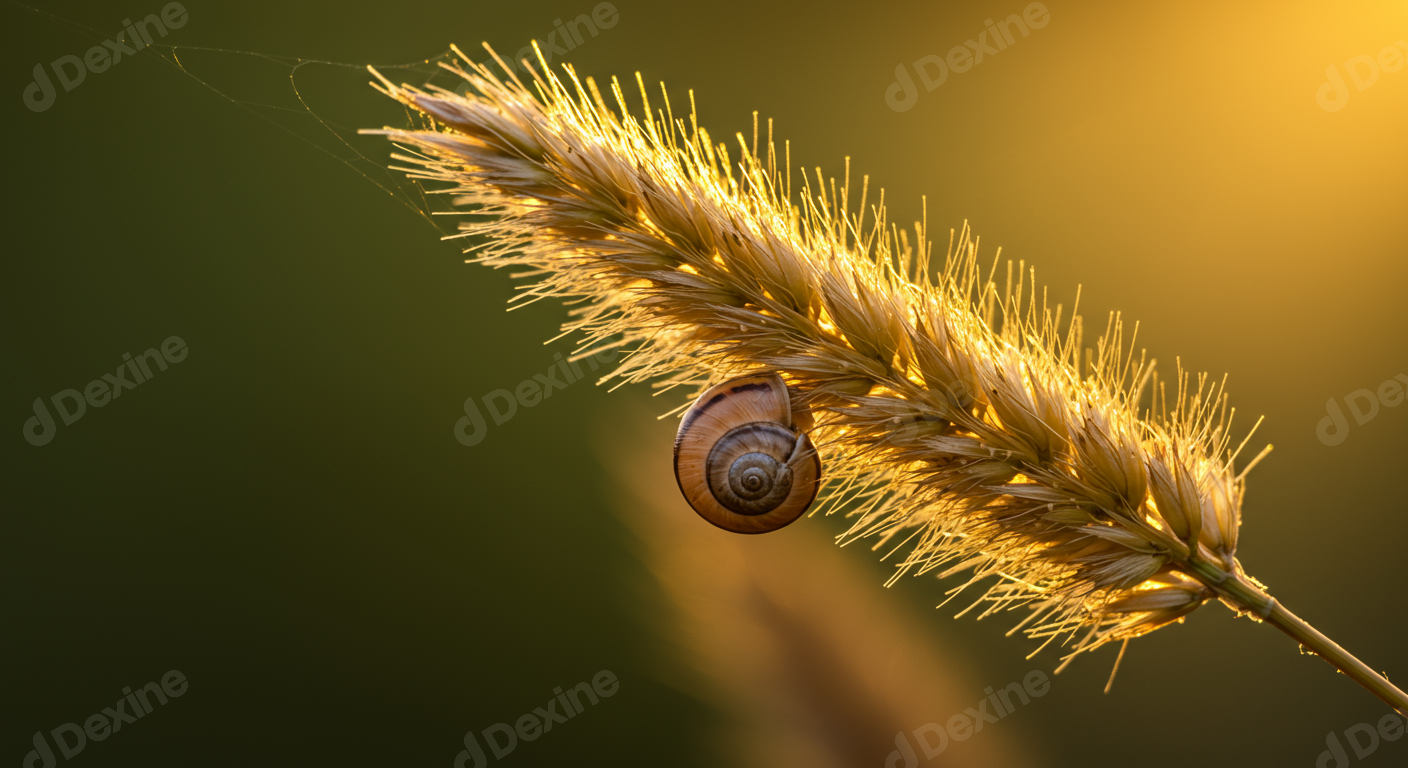 Snail On Golden Wheat With Beautiful Backlight At Sunset