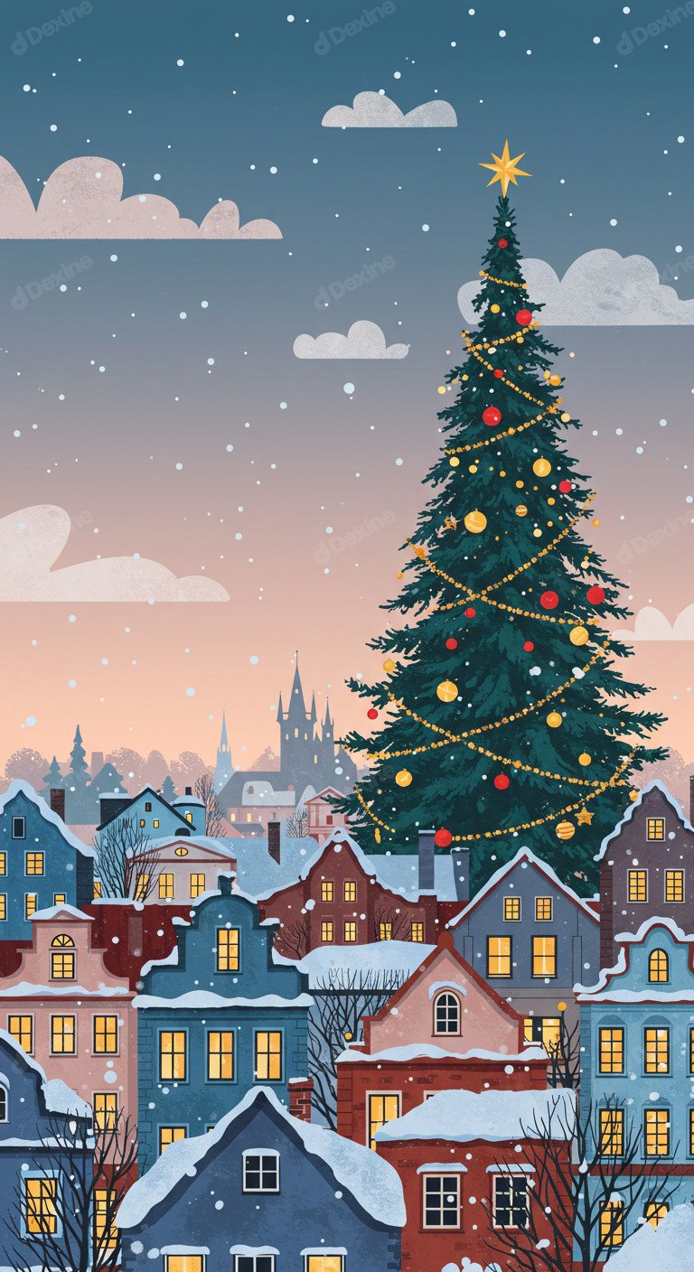Snowy Christmas Townscape With Festive Season Vibe And Grand Tree