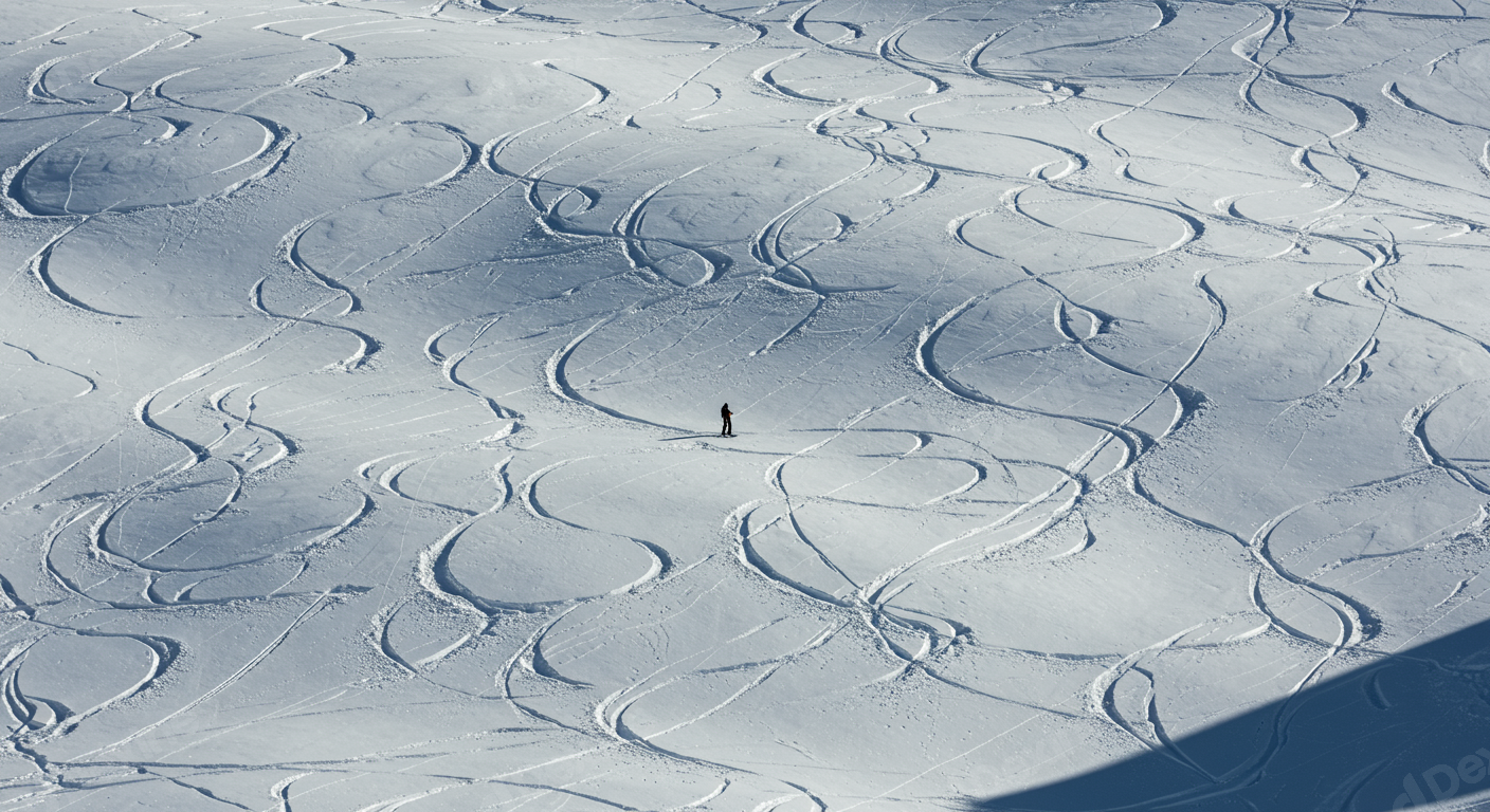 Solitary Skier On Fresh Snow With Winding Ski Tracks