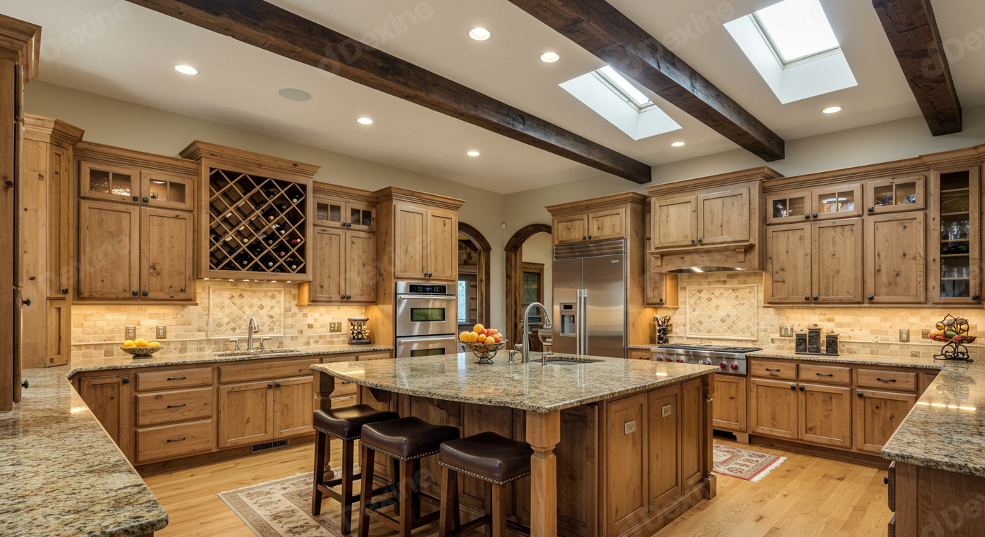 Spacious Rustic Modern Kitchen With Wood Cabinetry Island And Skylights