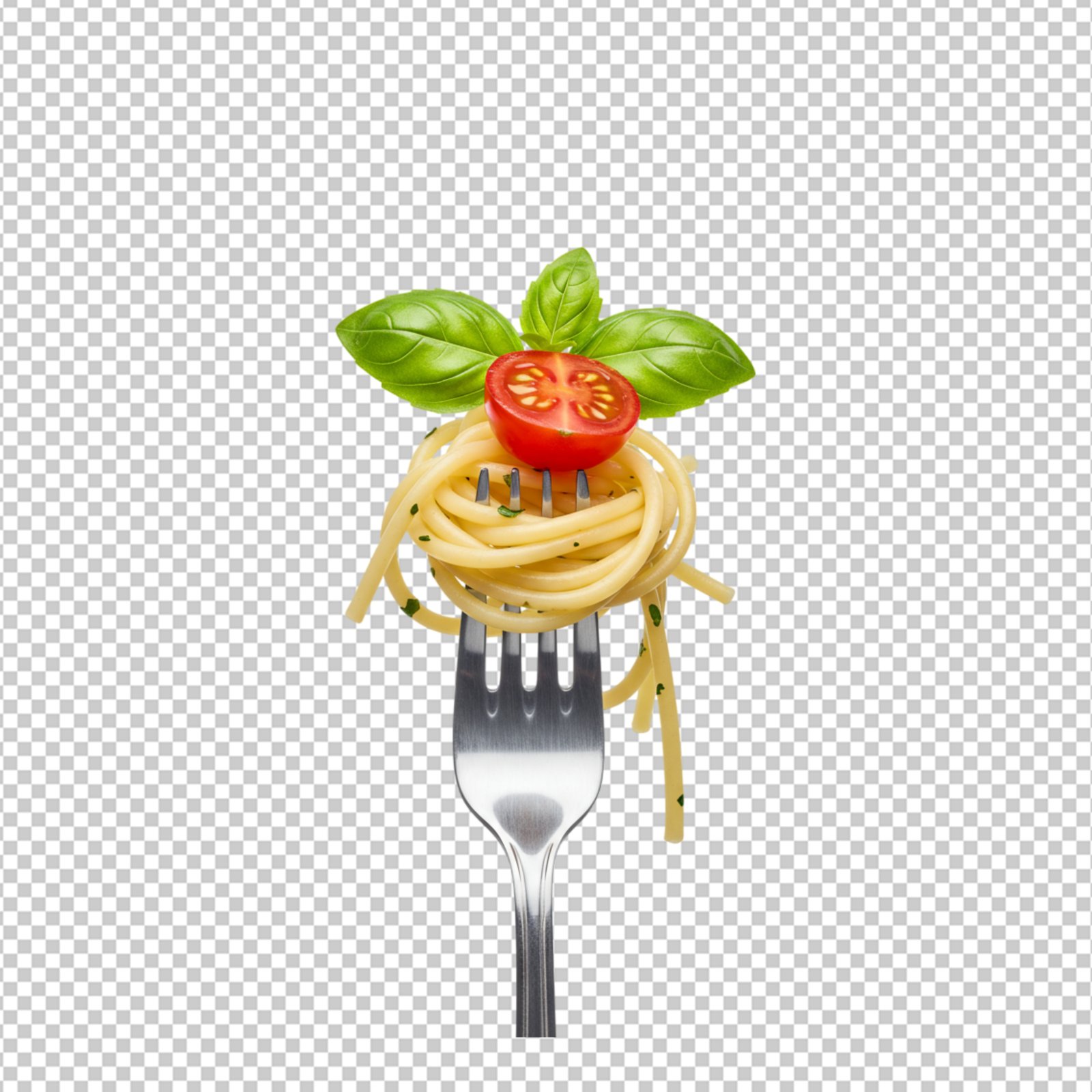 Spaghetti Twirled On Fork With Fresh Tomato And Basil PNG Cutout