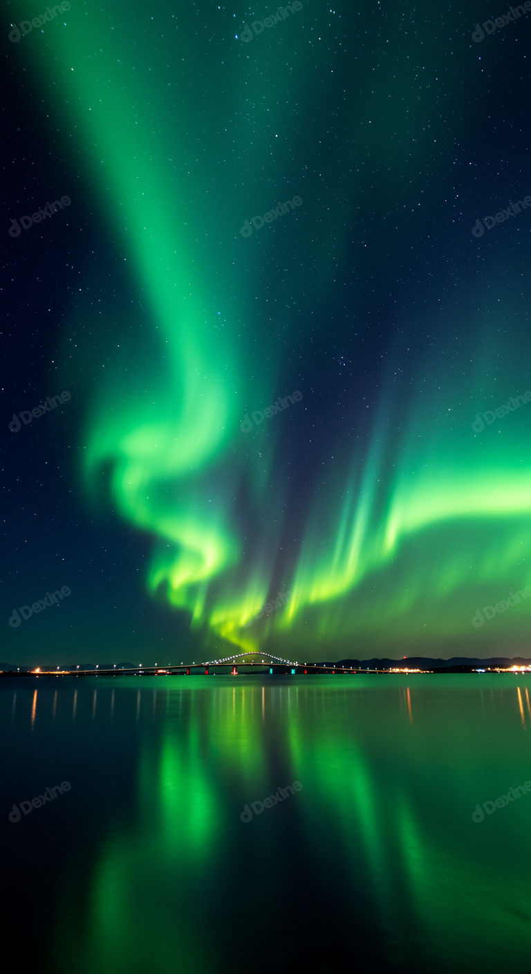 Spectacular Northern Lights Reflecting Above A Distant Bridge