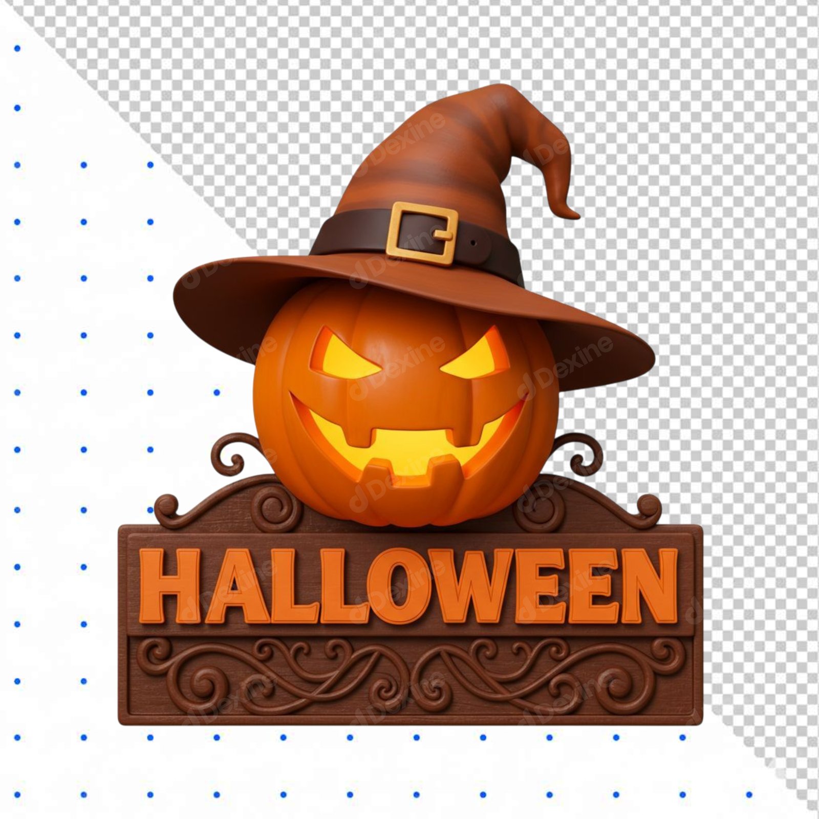 Spooky 3D Halloween Jack O Lantern Sign With Witch Hat Transparent PNG