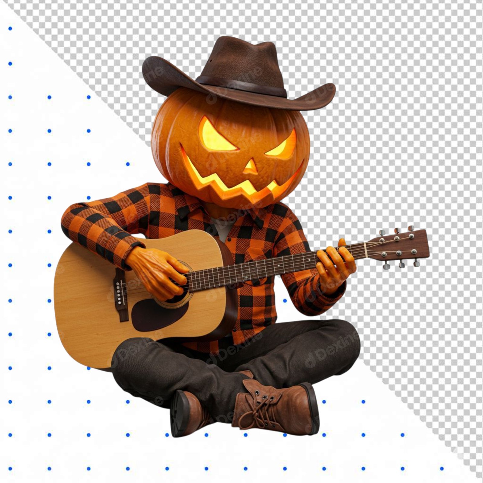 Spooky 3D Jack O Lantern Cowboy Playing Acoustic Guitar Transparent PNG