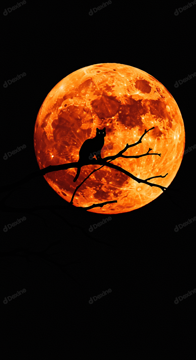 Spooky Black Cat Silhouette On Tree Branch Against A Fiery Full Moon