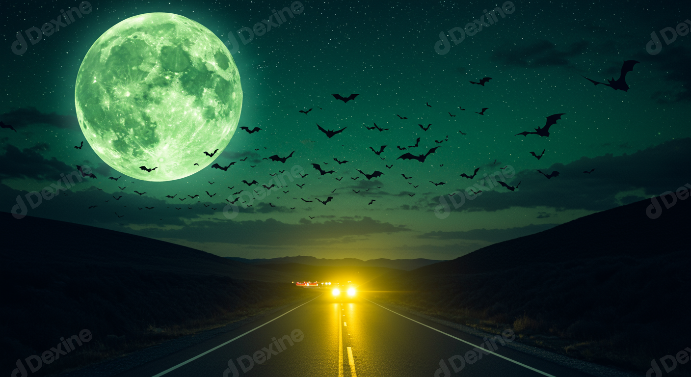 Spooky Halloween Night Road With Green Full Moon And Flying Bats