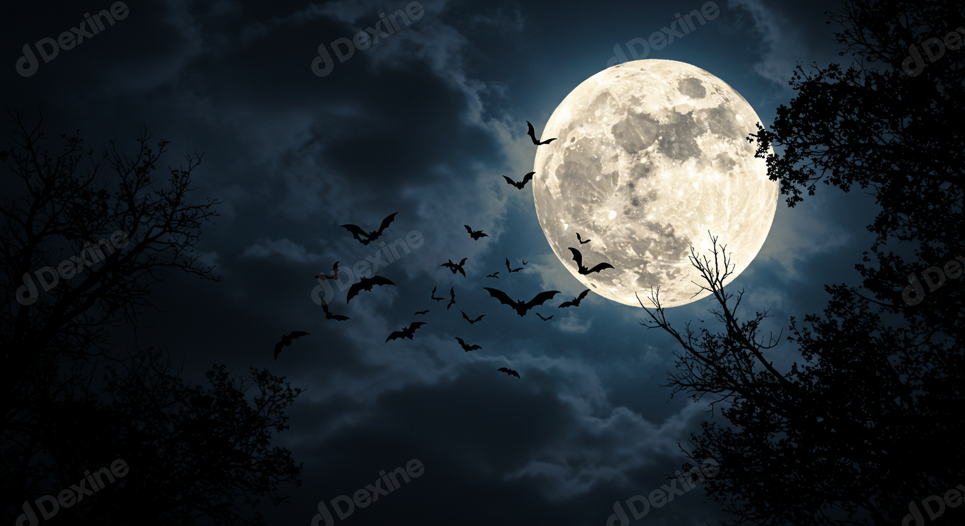 Spooky Halloween Night With Full Moon Flying Bats And Dark Trees