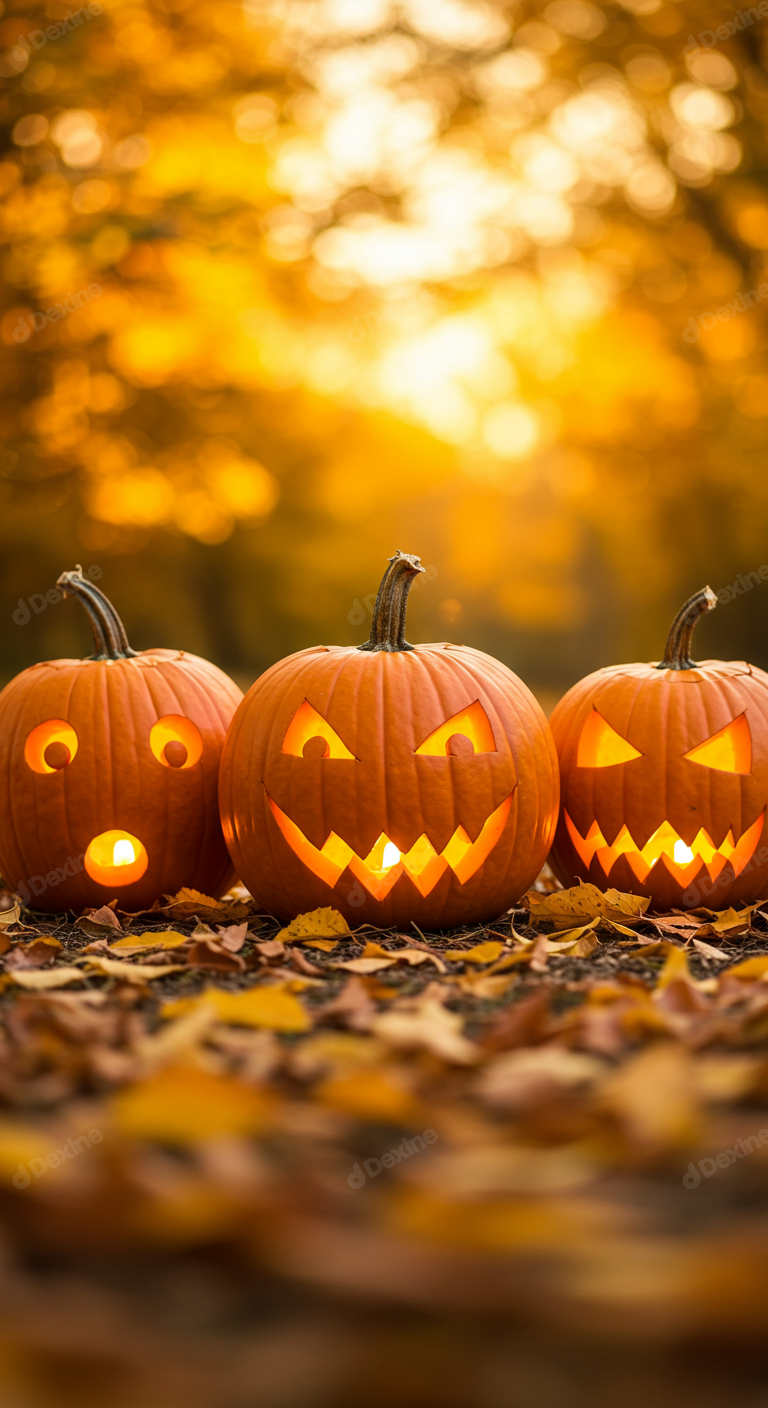 Spooky Jack O Lanterns Glowing Amidst Golden Autumn Leaves For Halloween