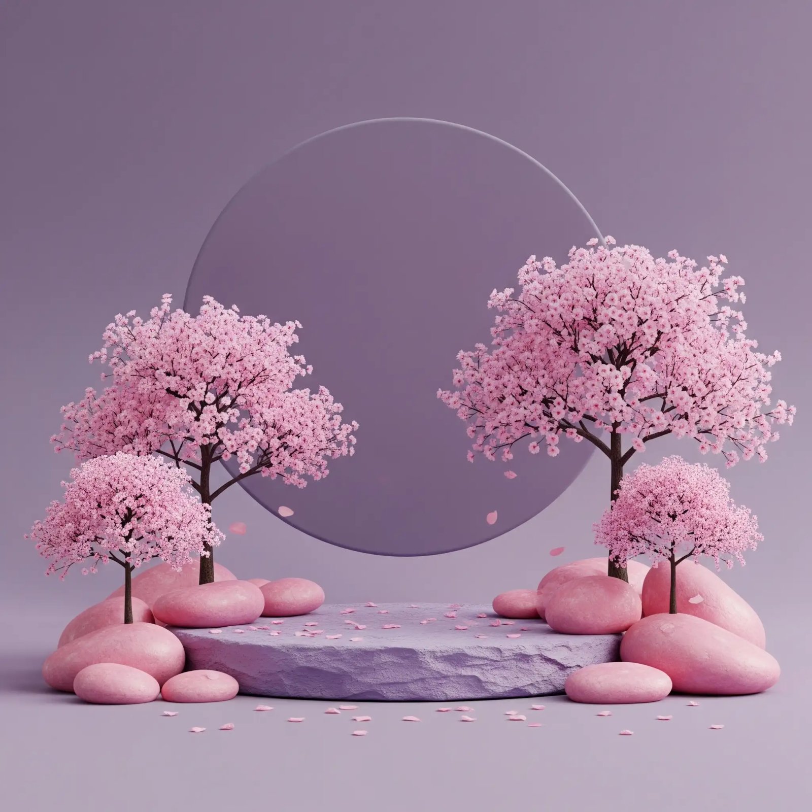 Spring Cherry Blossom Podium With Pink Stones And Purple Background 3D