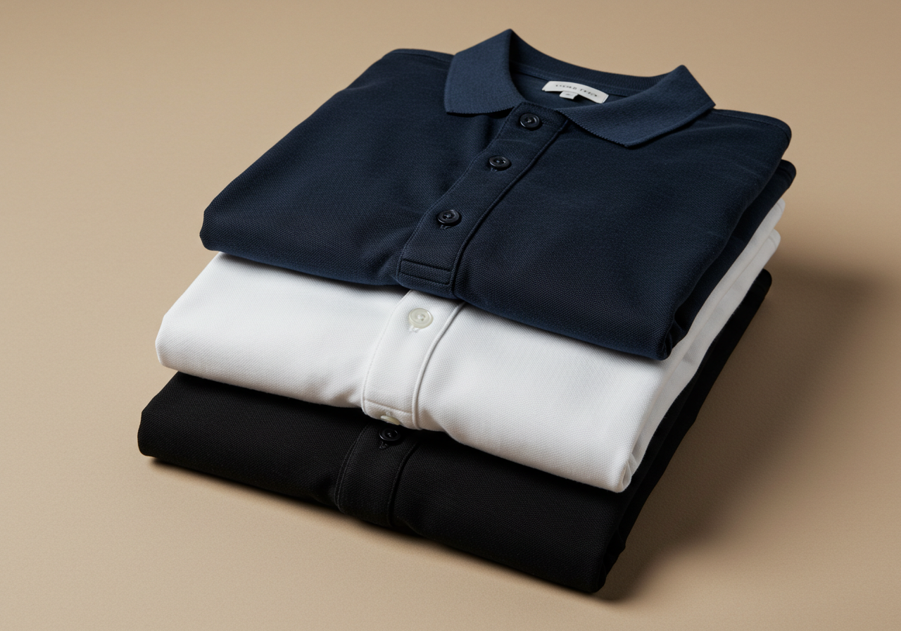 Stack Of Classic Folded Polo Shirts In Blue White And Black