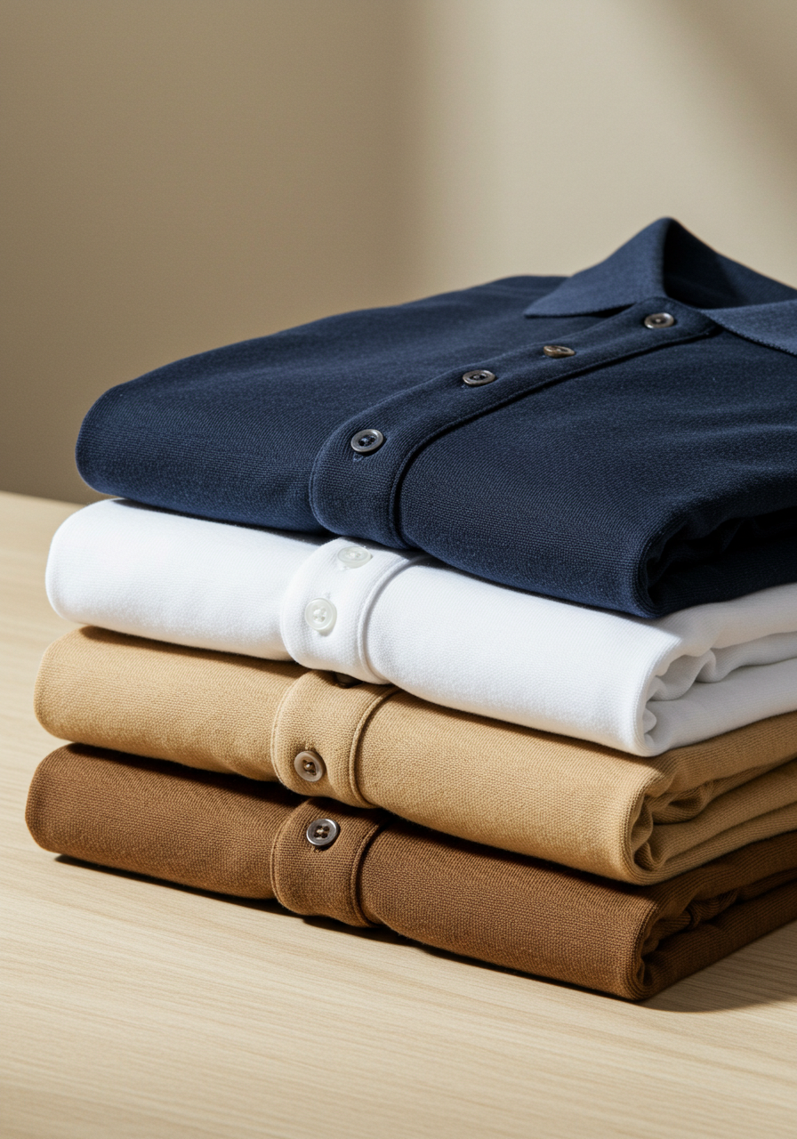 Stack Of Neatly Folded Classic Polo Shirts In Neutral Colors