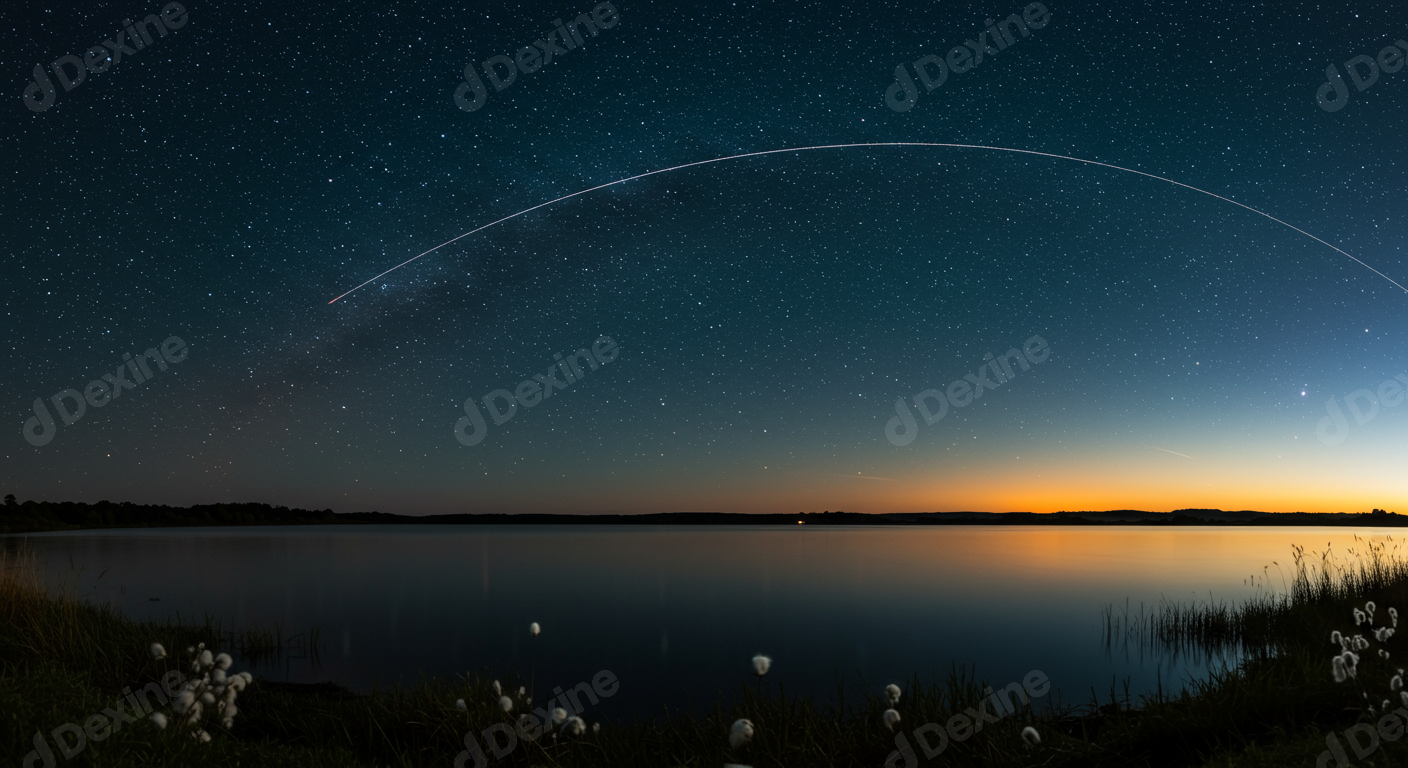 Starry Night Sky With Satellite Trail Over Calm Lake At Dusk