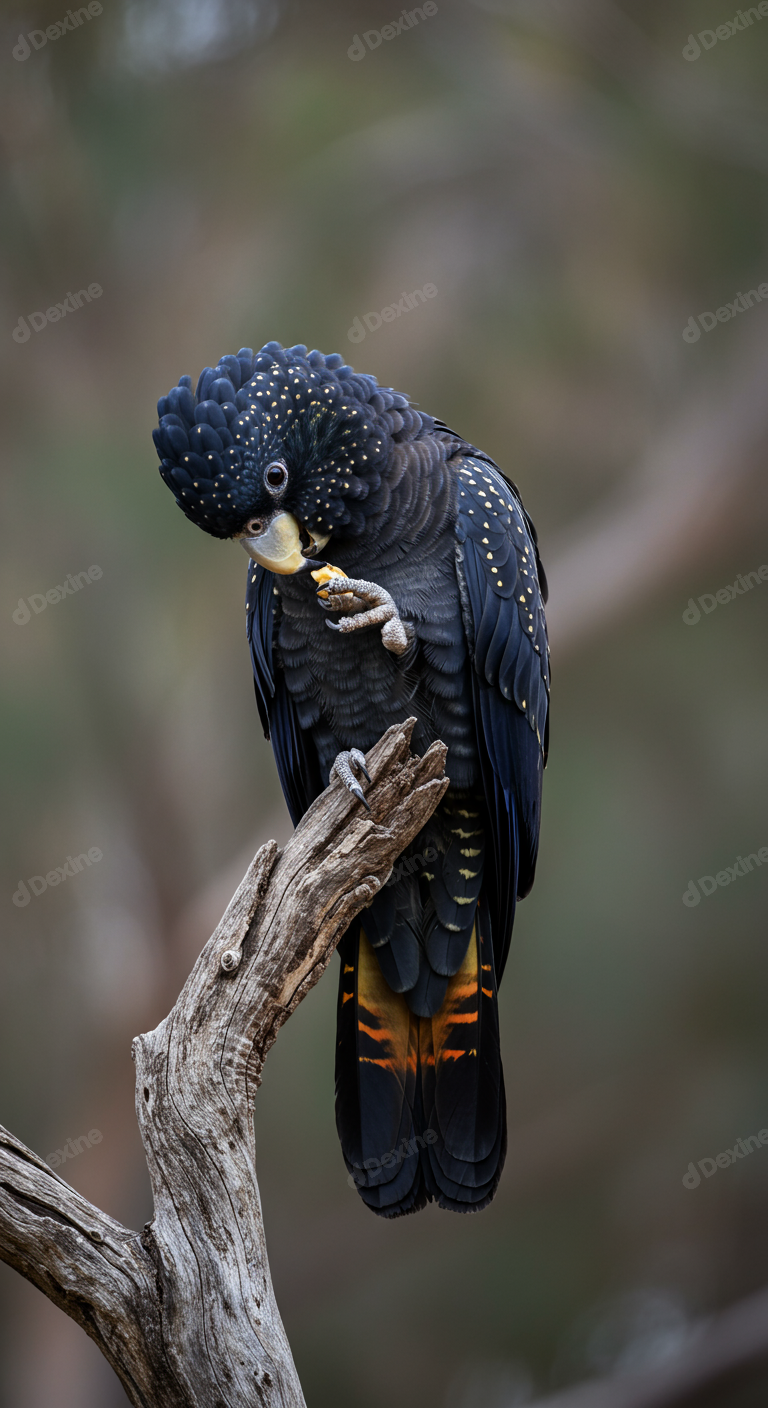 Striking Female Red Tailed Black Cockatoo Eating On Branch