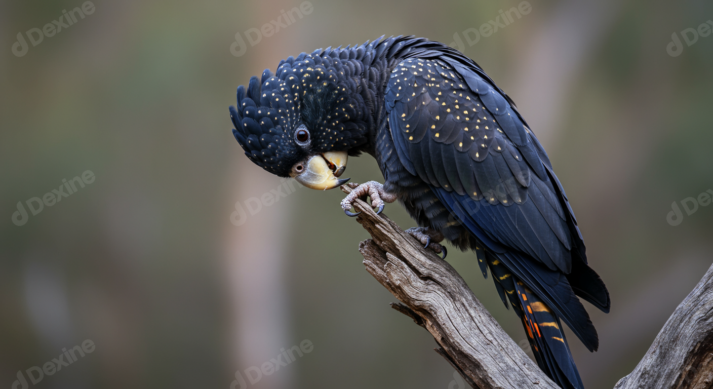Striking Red Tailed Black Cockatoo Perched On Branch In Nature