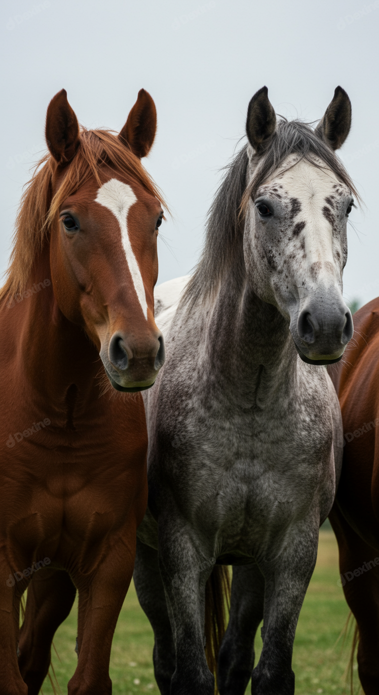 Stunning Portrait Of Two Horses Brown And Dappled Grey In Nature