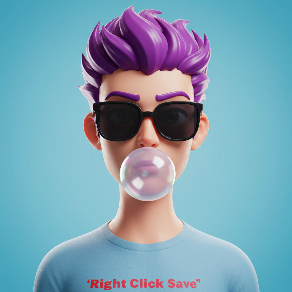 Stylish 3D Character Blowing Bubblegum With Purple Hair And Sunglasses