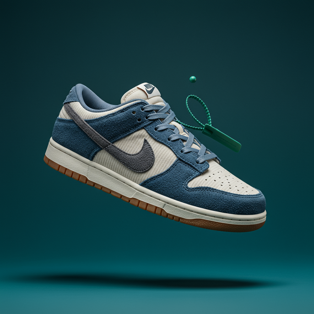 Stylish Blue And Beige Nike Dunk Sneaker With Tag Floating
