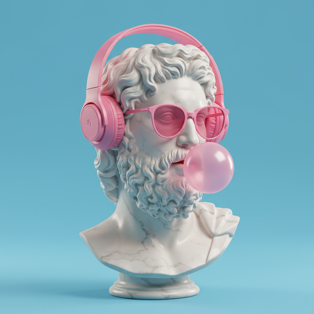 Stylish Classical Bust With Pink Headphones Sunglasses And Bubble Gum