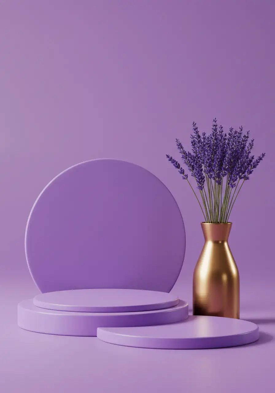 Stylish Minimalist Product Display Podium With Lavender And Gold Vase