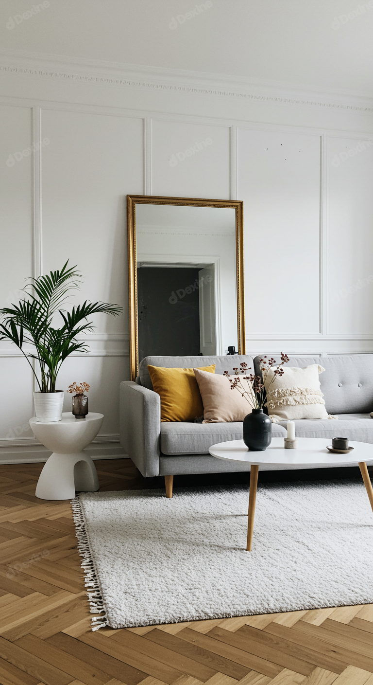 Stylish Scandinavian Living Room Interior With Cozy Sofa And Gold Mirror