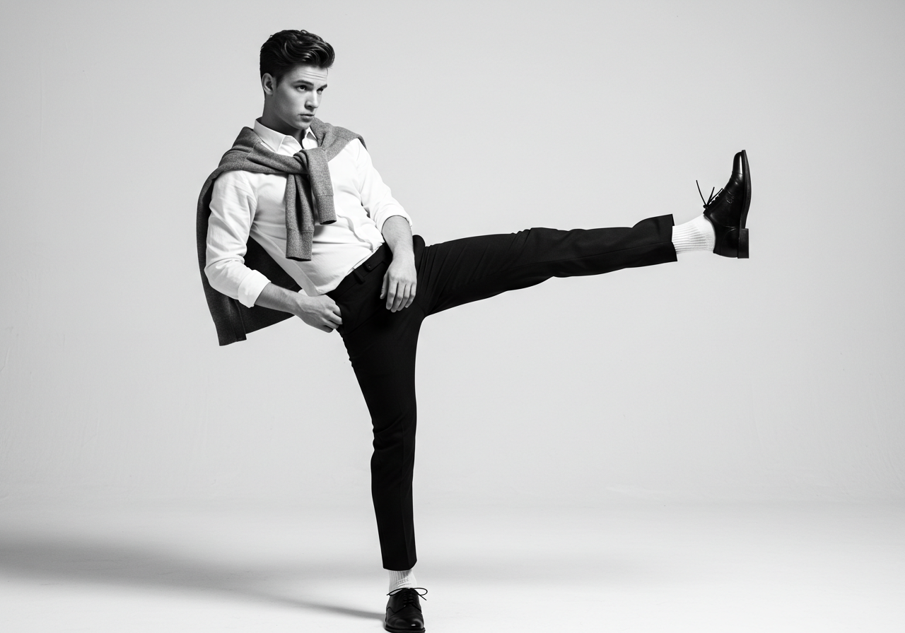 Stylish Young Man Dynamic Pose In Black And White Fashion Studio