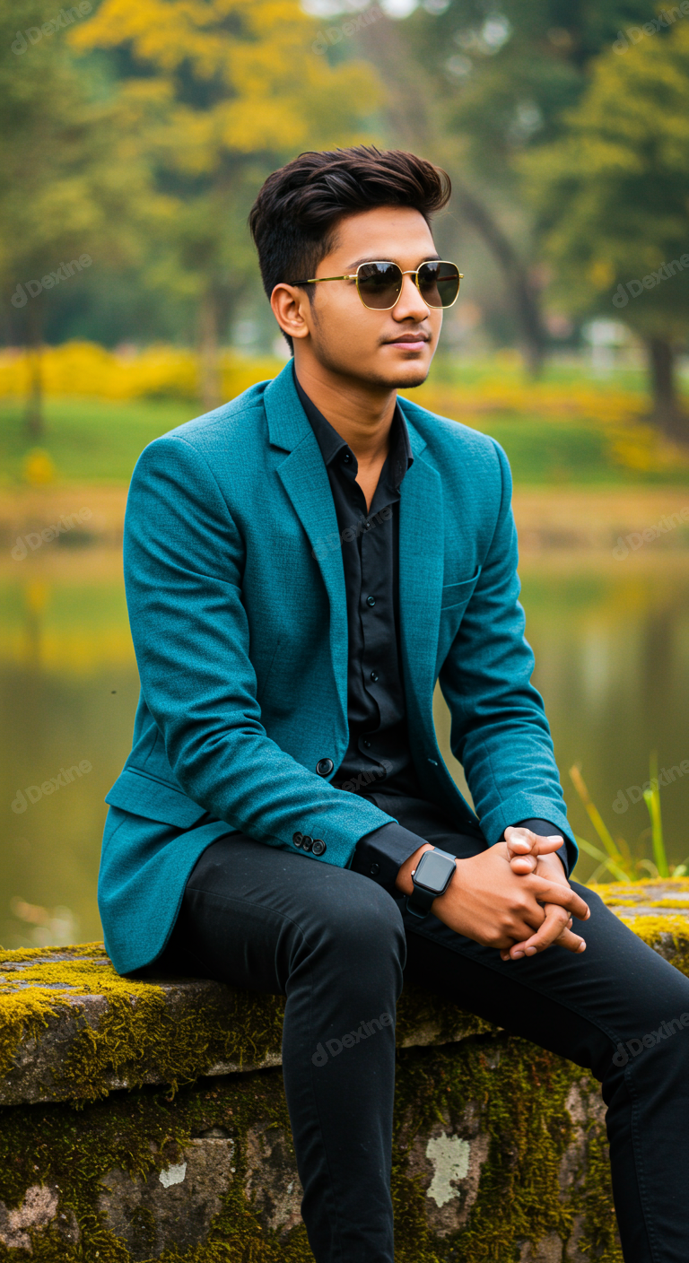 Stylish Young Man In Teal Blazer And Sunglasses Outdoors