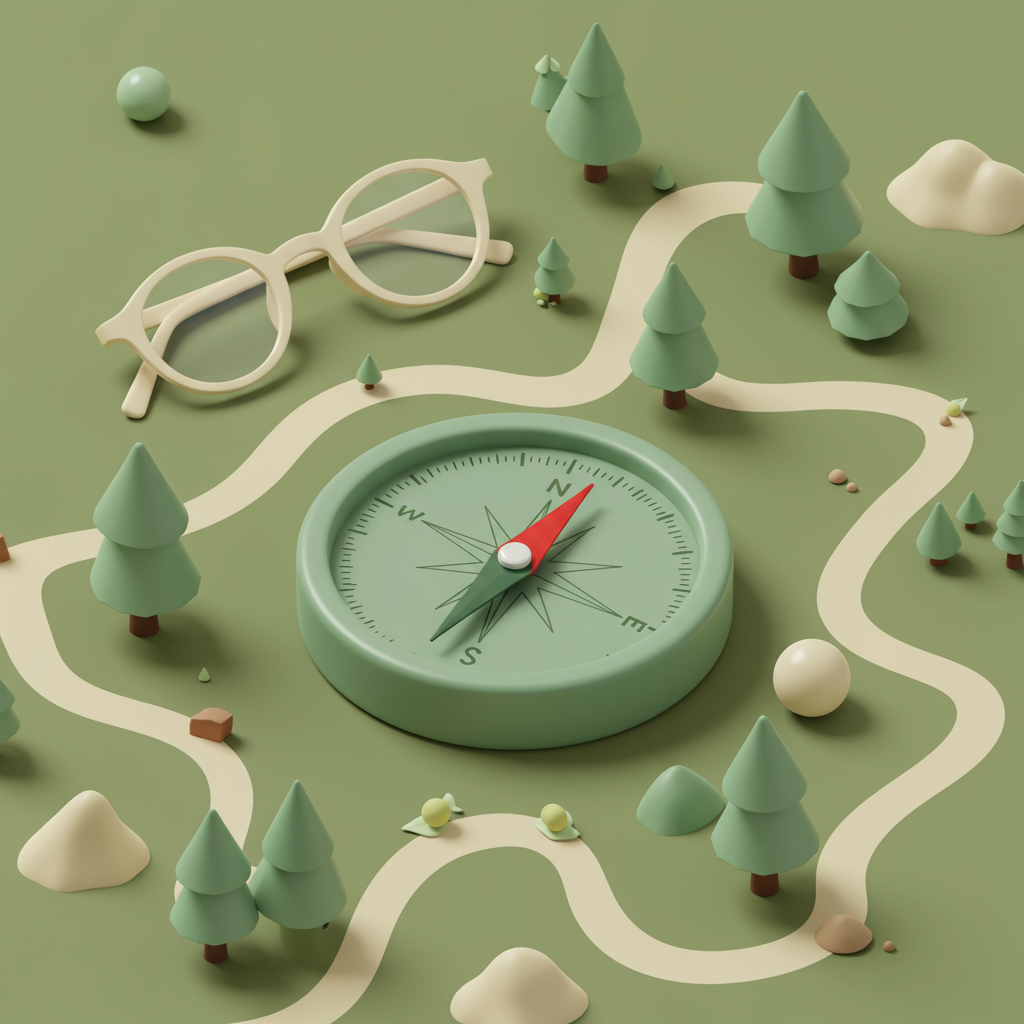 Stylized 3D Forest Journey With Compass And Eyeglasses