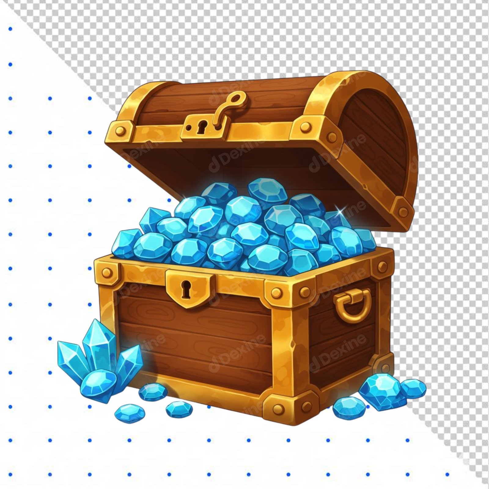 Stylized Open Treasure Chest Full Of Blue Gems Isolated PNG