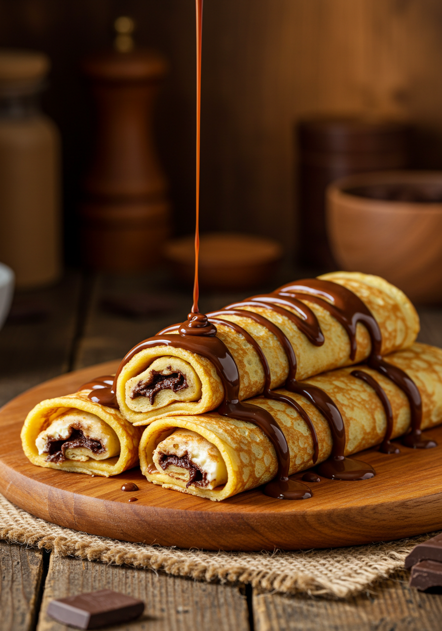 Sweet Crepes With Rich Chocolate Sauce Drizzle And Cream Filling