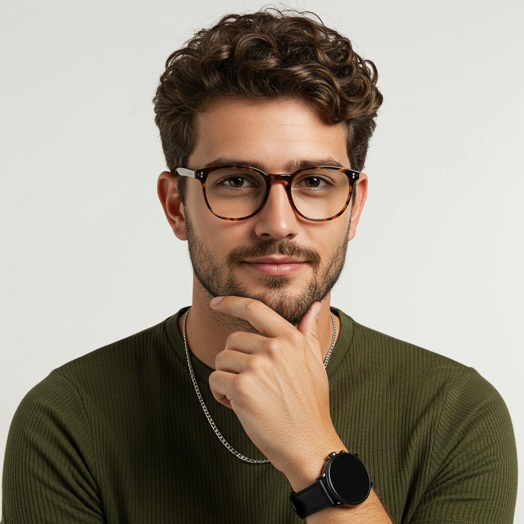 Thoughtful Young Man With Glasses Posing On White Background