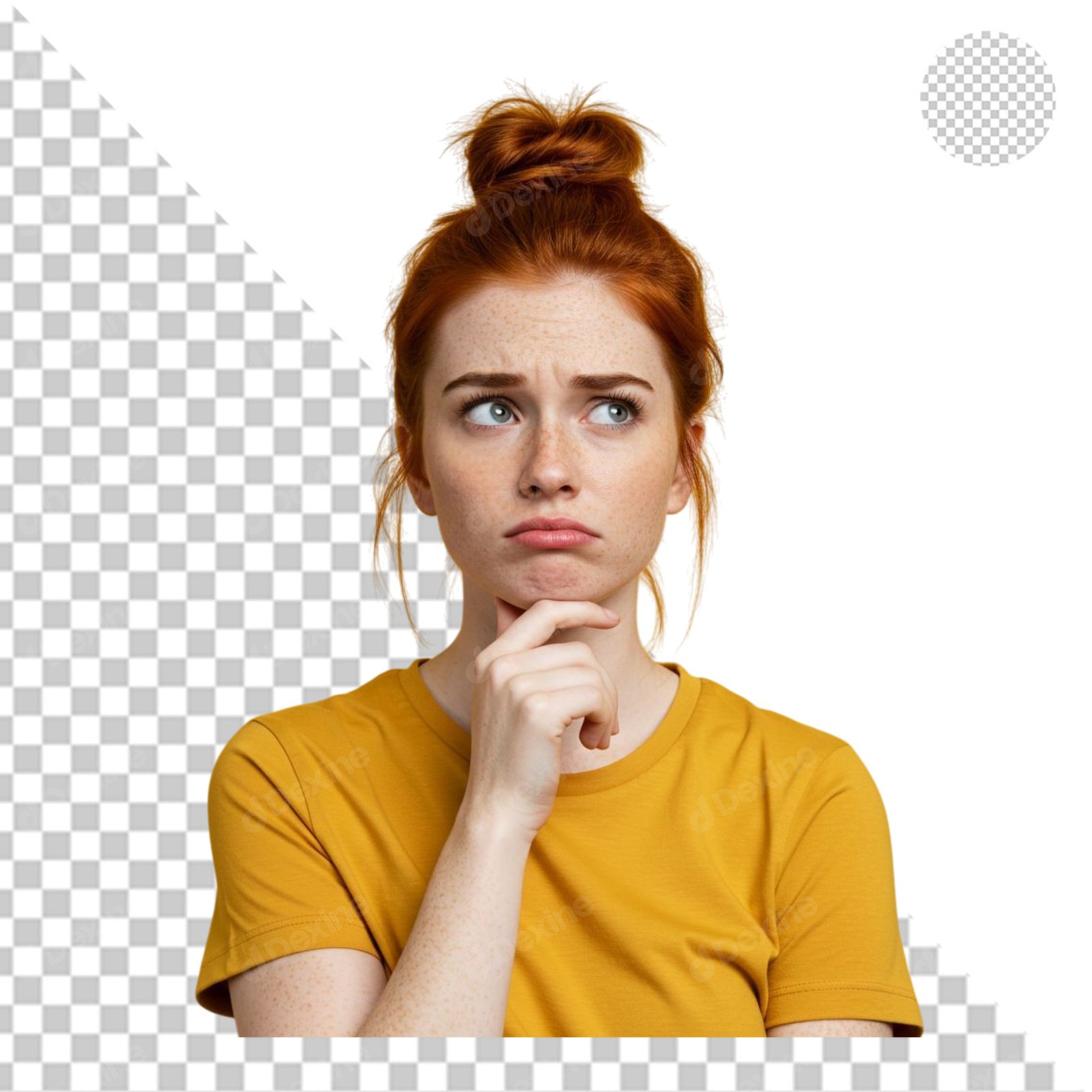 Thoughtful Young Redhead Woman Pondering With Hand On Chin Transparent PNG