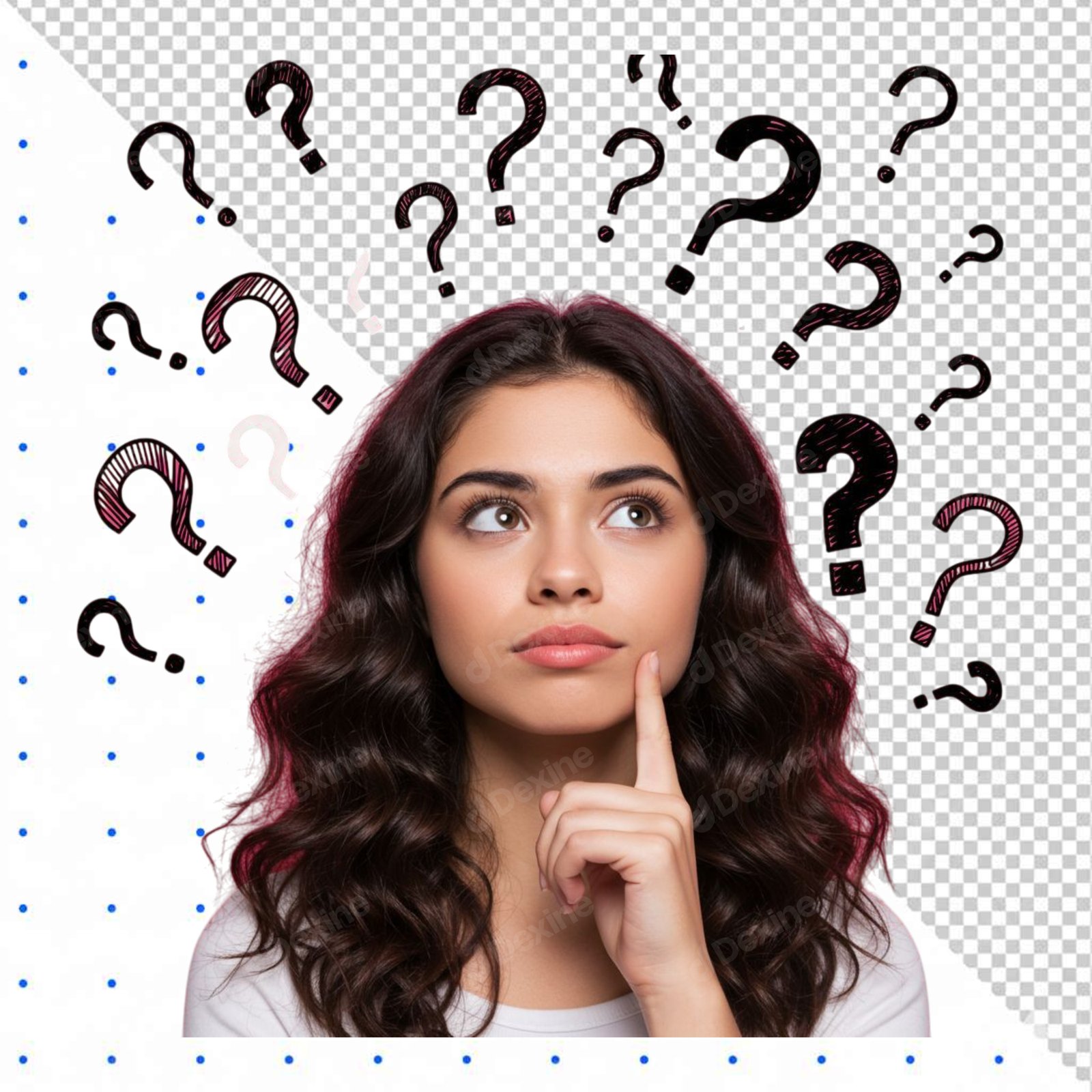 Thoughtful Young Woman Pondering With Question Marks PNG Transparent Background