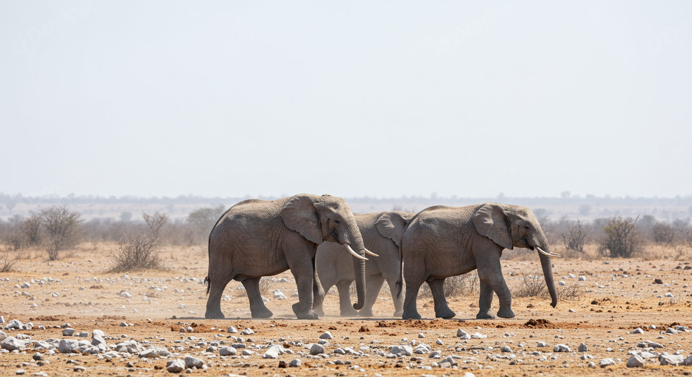 Three African Elephants Walking In Arid Wilderness Savanna