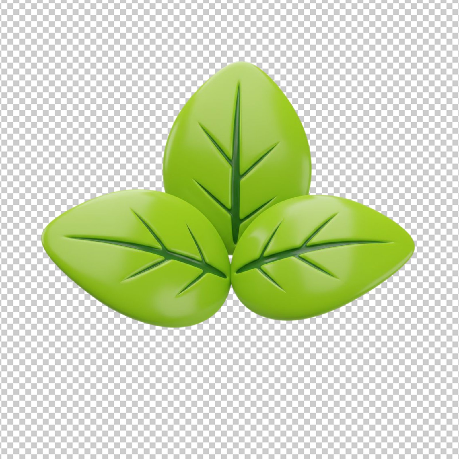Three Glossy Green 3D Rendered Leaves Isolated On Transparent Background