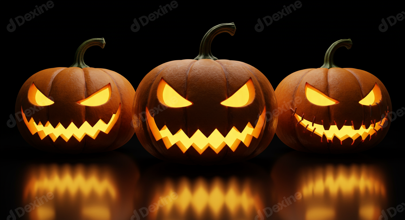 Three Spooky Glowing Jack O Lanterns On Dark Halloween Night
