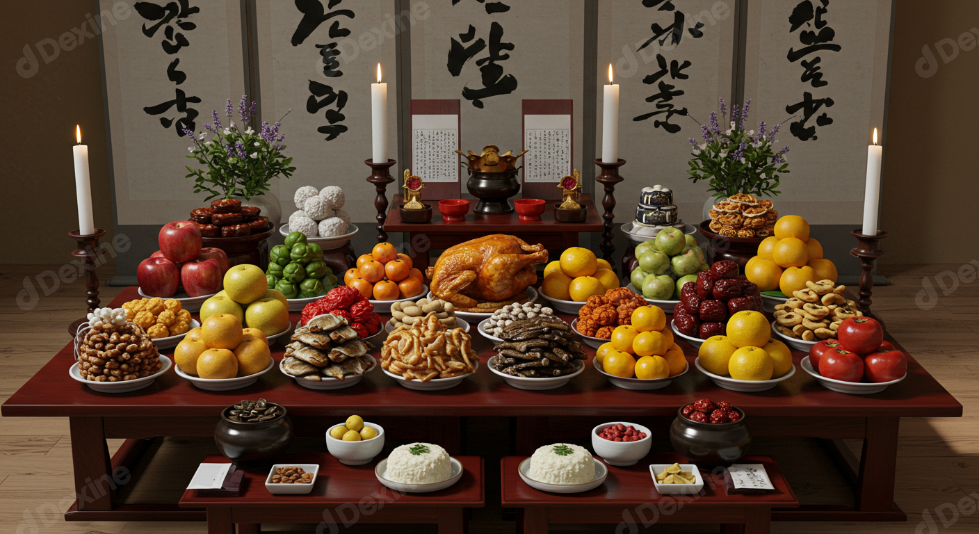 Traditional Korean Charye Ancestral Ritual Table With Offerings